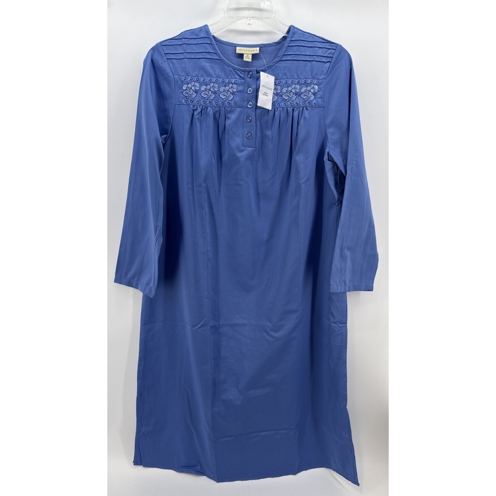 NWT Blue Women's Sz M Embroidered Pintucked Lounge Night Gown APPLESEEDS